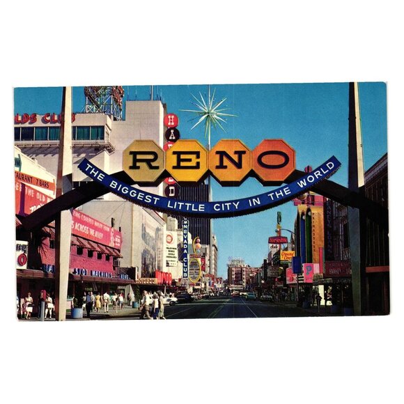 Vintage Postcard Reno Arch Virginia Street Nevada Gambling Vacation Sign - Picture 1 of 2